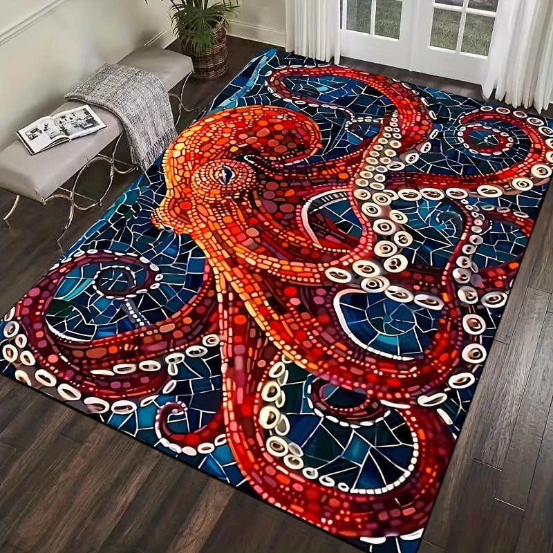 Artistic Deep Sea Octopus Painting Carpet Rug, Soft Rectangle Rug with Thicken Foam Cushion and Microfiber Surface, Decorative Floor Rug with Anti-slip Bottom Print, Machine Washable Rug for Living Room, Kitchen, and Entryway Decoration.