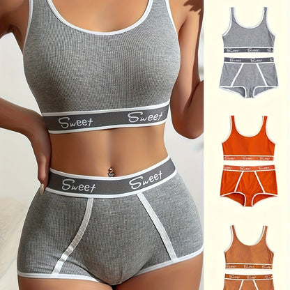 Sporty letter contrast trim bra and shorts set, scoop neck soft bra and high waist boxer shorts lingerie set for women.