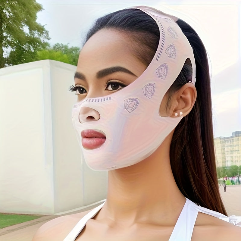 1pc Invisible V-Line Face Shaping Bandage - Double Chin Reducer & Jawline Tightener, Fragrance-Free, No Batteries Required, White with Diamond Pattern Design, Day & Night Use.