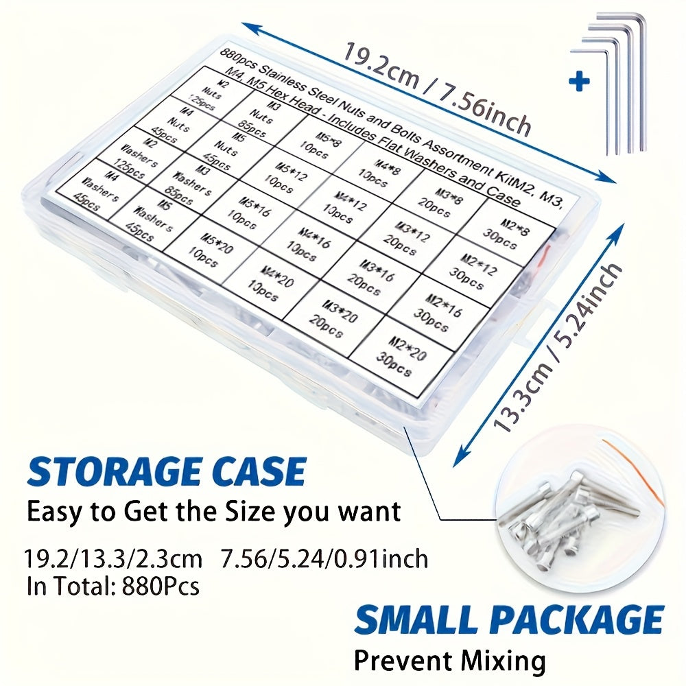 880pcs of stainless steel nuts and bolts, including hex head bolts, nuts, flat washers, and more, in a durable case – resistant to corrosion and neatly organized.