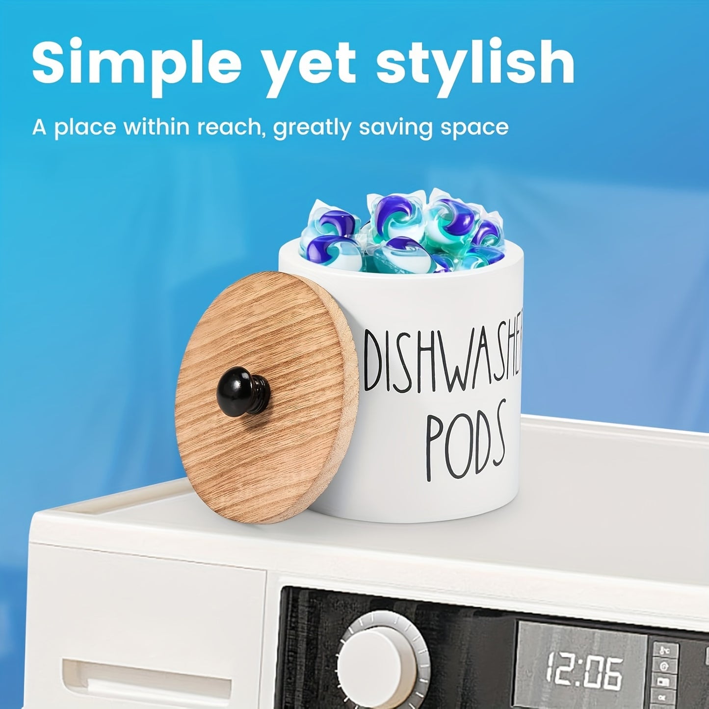 Wooden laundry pods container with lid for kitchen decor and organizing.