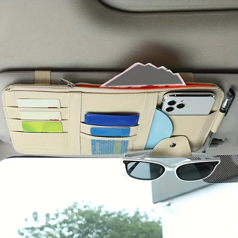 Car sun visor storage box with multiple functions: sunglasses organizer, card pouch, interior accessory.