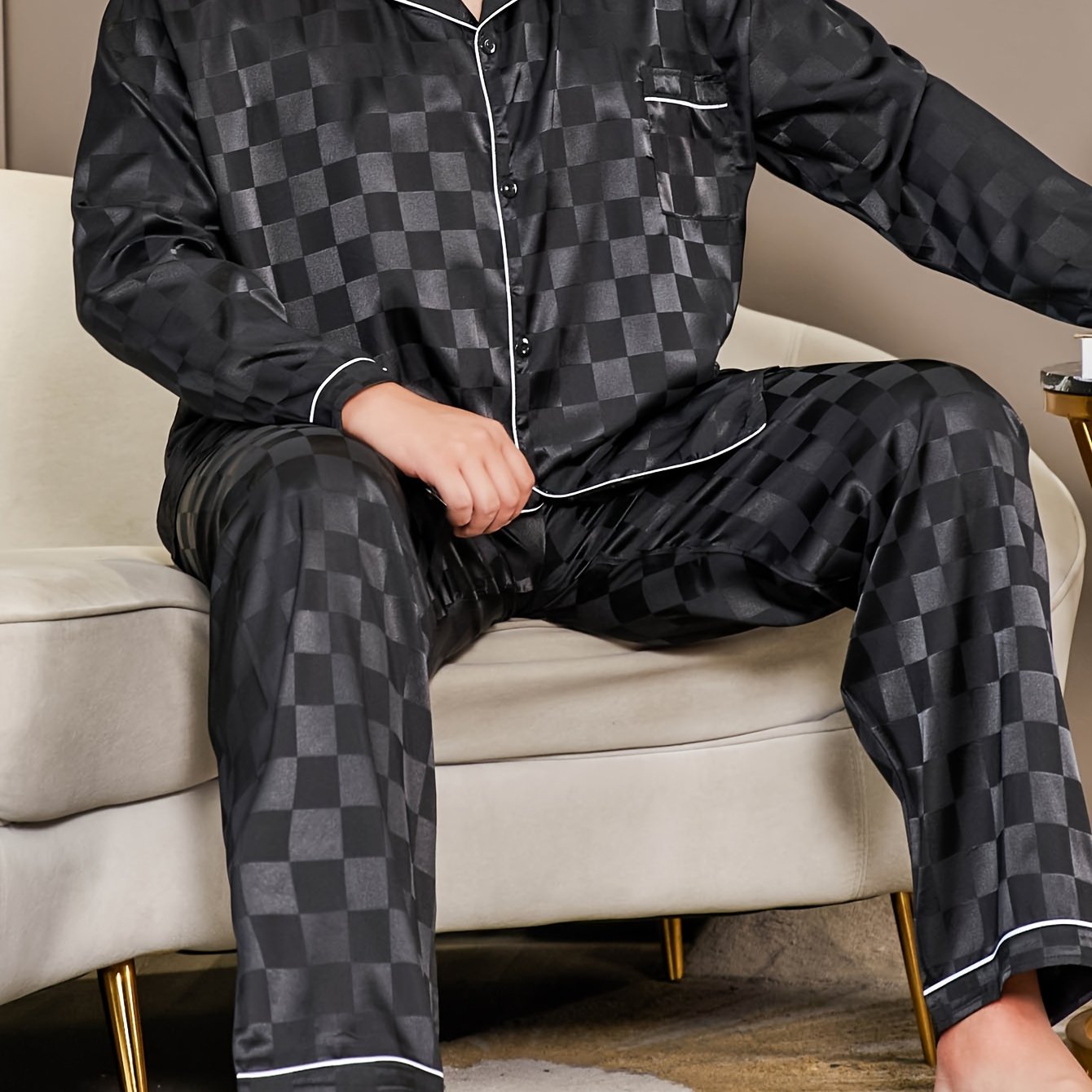 Men's Casual Plaid Jacquard Pajama Set, Long Sleeve Shirt with Elastic Waist Pants, Poly Sleepwear with Button Detail, for Spring, Summer, Fall, Plus Size