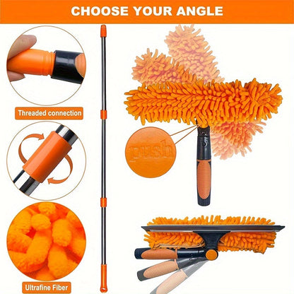 The 2-in-1 Window Cleaning Kit includes a double-sided squeegee and microfiber cloth with a telescopic handle. This reusable tool has a hard firmness for outdoor glass cleaning, no electricity needed. Available in Orange/Grey/Blue.