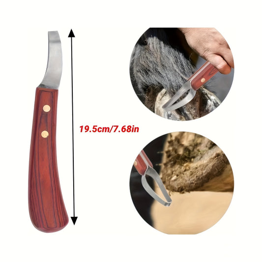 Double-edged horseshoe trimming knife with stainless steel blade and wooden handle for horses.