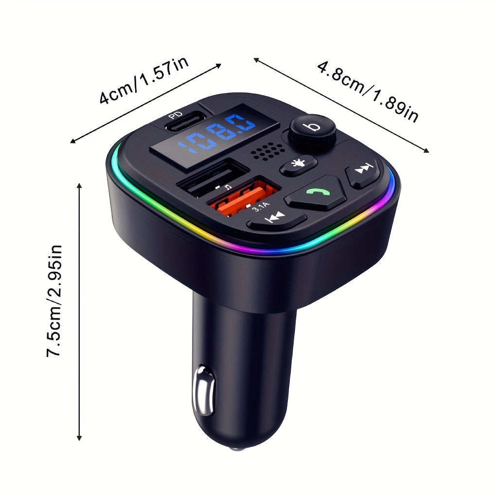 Car charger with FM transmitter and PD 30W, Type C & dual USB ports for fast charging, wireless MP3 player, hands-free calls, AUX, high fidelity audio, and car plug operating voltage ≤36V.