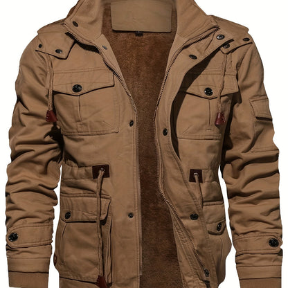 Men's Casual Zip Up Hooded Jacket Coat for Fall and Winter, made of warm fleece and featuring multiple pockets.