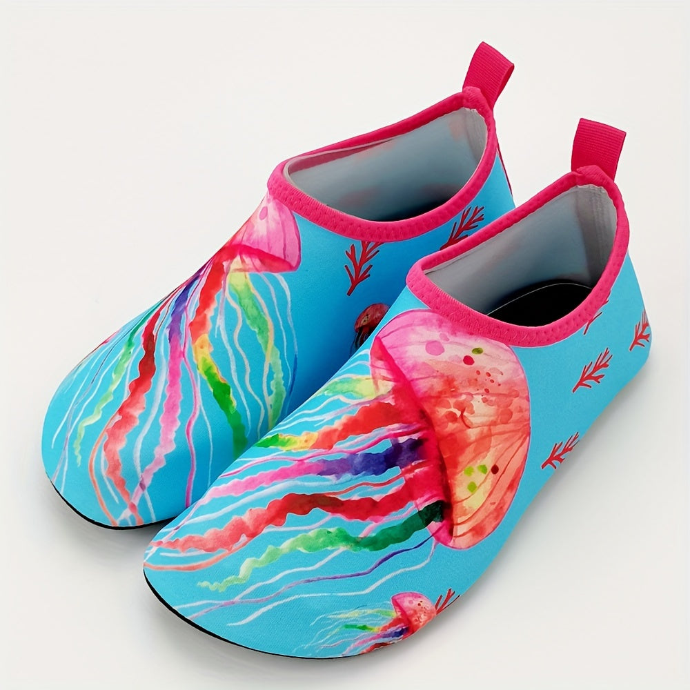 Colorful fish scale print slip-on water shoes for toddler girls, perfect for summer fun at the beach.