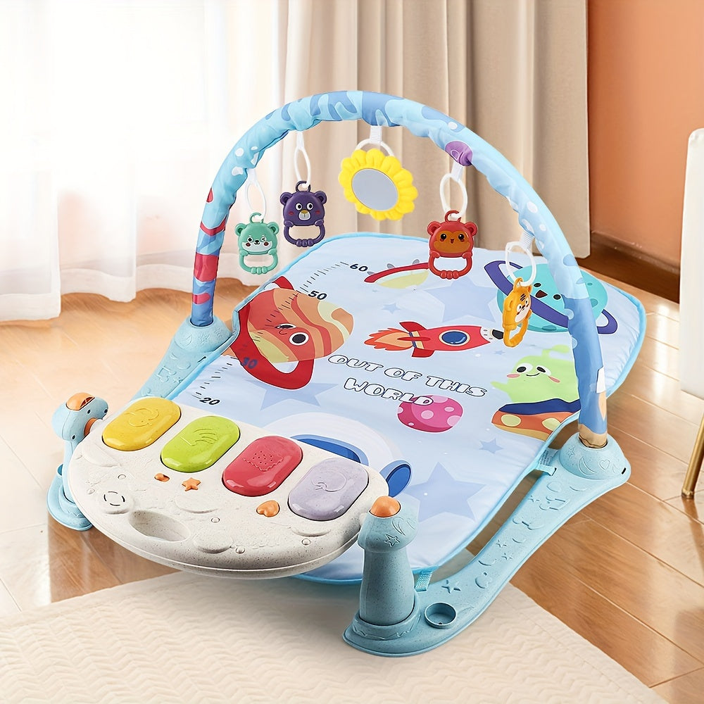 Soft, removable pads for youngsters on a Deluxe Blue Play Mat featuring a 60-song musical piano and bell stand. The perfect birthday or Christmas gift for youngsters.