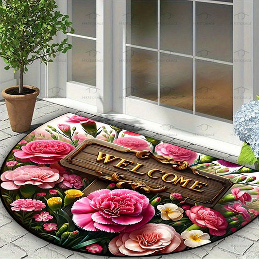 Introducing the Carnation Pattern Semi-Circle Doormat - Enhance your home with its durable, washable, and non-slip rubber backing. Ideal for the kitchen, living room, or bedroom. A stylish addition to your home decor and great as a gift. Available in