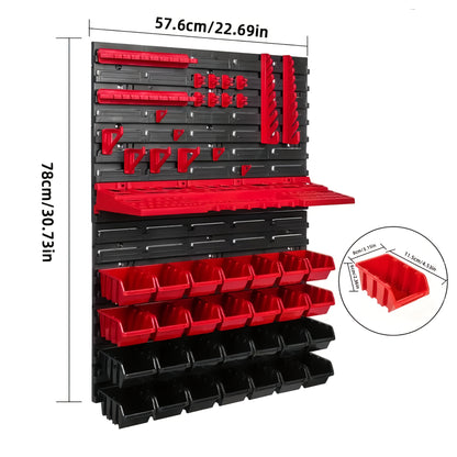 Practical 49-piece tool rack set with storage for screws, nuts, bolts, nails, beads, and small hardware. Designed for wrenches and screwdrivers, with a red and black wall-mounted storage