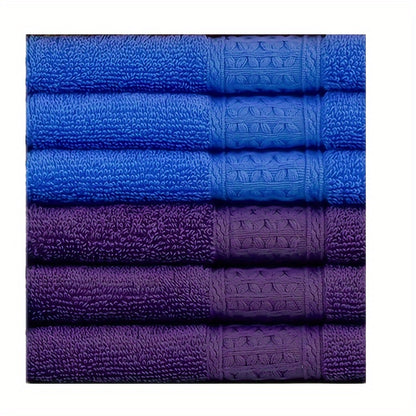 6-Pack of 100% Cotton Face Towels with assorted patterns, perfect for body and face, great for hotel, travel, and everyday use. Each towel is woven and has a GSM of 360, measuring 33.02x33.02cm.