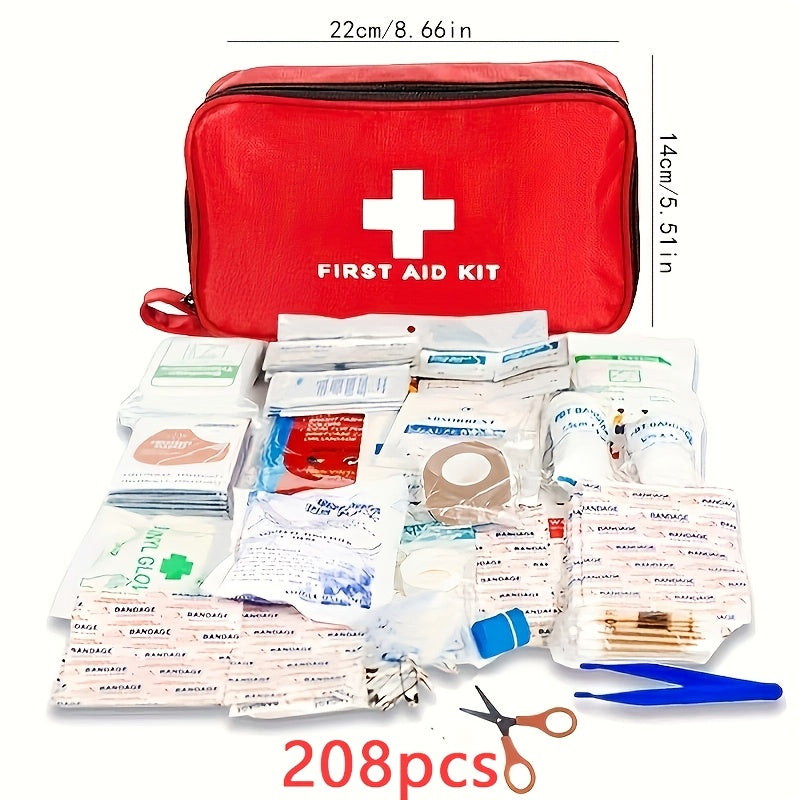 Multifunctional first aid kit for outdoor adventure, hunting, hiking, and camping, contains 65/188/208 pcs, with carrying pack and essential supplies such as scissors, gloves, duct tape