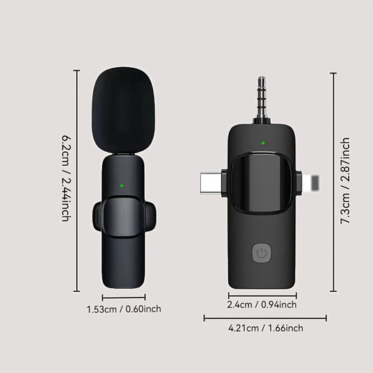 3-in-1 wireless lavalier microphone for mobile phones, Android, smartphones, cameras, and computers, ideal for video interviews, podcasts, and vlogs.