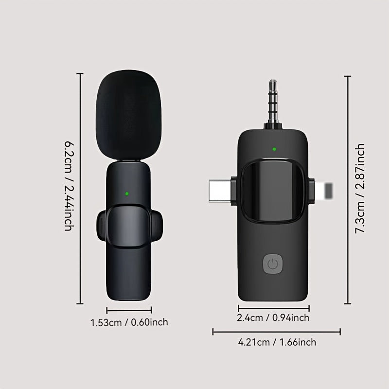 3-in-1 wireless lavalier microphone for mobile phones, Android, smartphones, cameras, and computers, ideal for video interviews, podcasts, and vlogs.