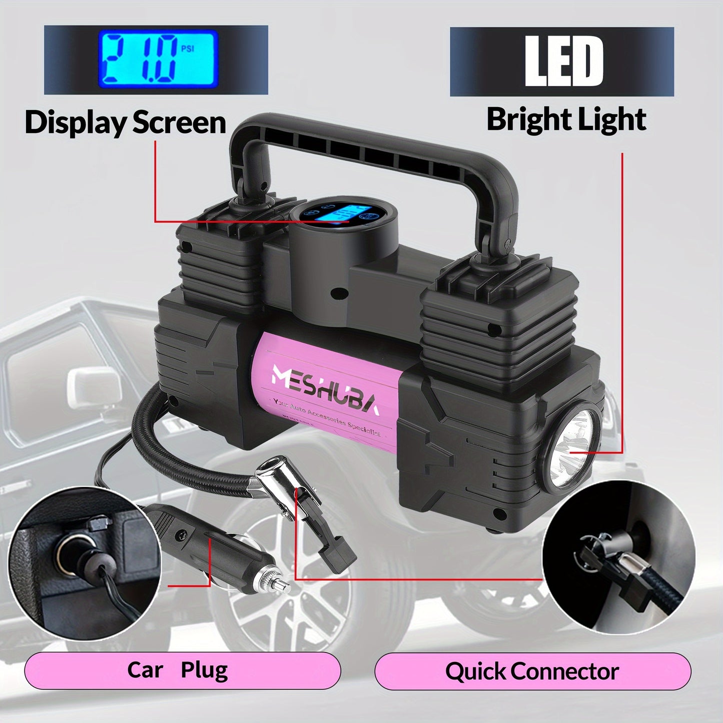 MESHUBA Tire Inflator: 12V Portable Air Compressor with 150PSI Digital Pressure Gauge for Car, Bike, and Ball, Purple