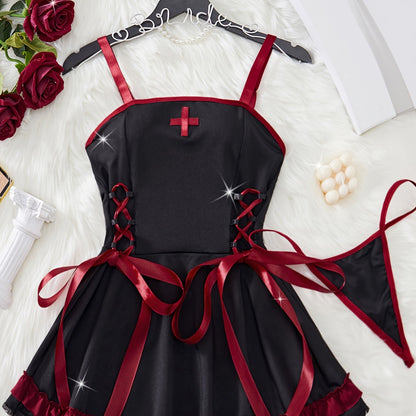 Two-piece Nurse Cosplay Costume: Camisole Mini Dress with Drawstring and Pleated Skirt, includes Sexy Panty.