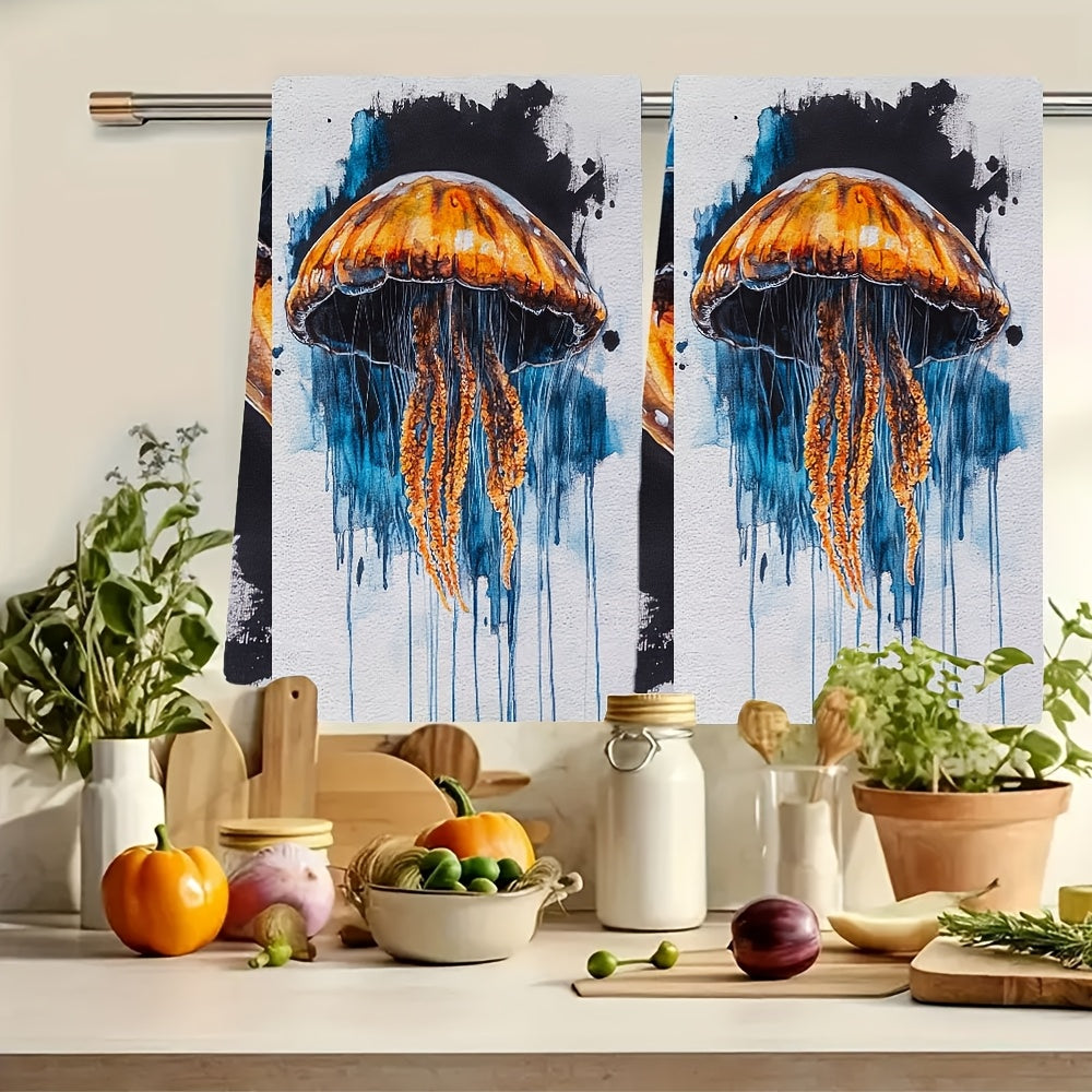 Two pieces of Coastal Jellyfish Design Kitchen Towels made of super absorbent polyester knit fabric. These towels are machine washable and feature a contemporary style. Each towel measures 40.64x60.96 cm. Product code: 2KYSYS1218333.