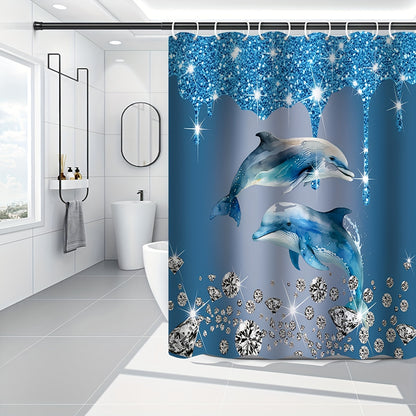 4-piece shining diamond dolphin printed bathroom set in blue includes a waterproof shower curtain, non-slip rug, toilet u-shape mat, and toilet lid cover mat with hooks.