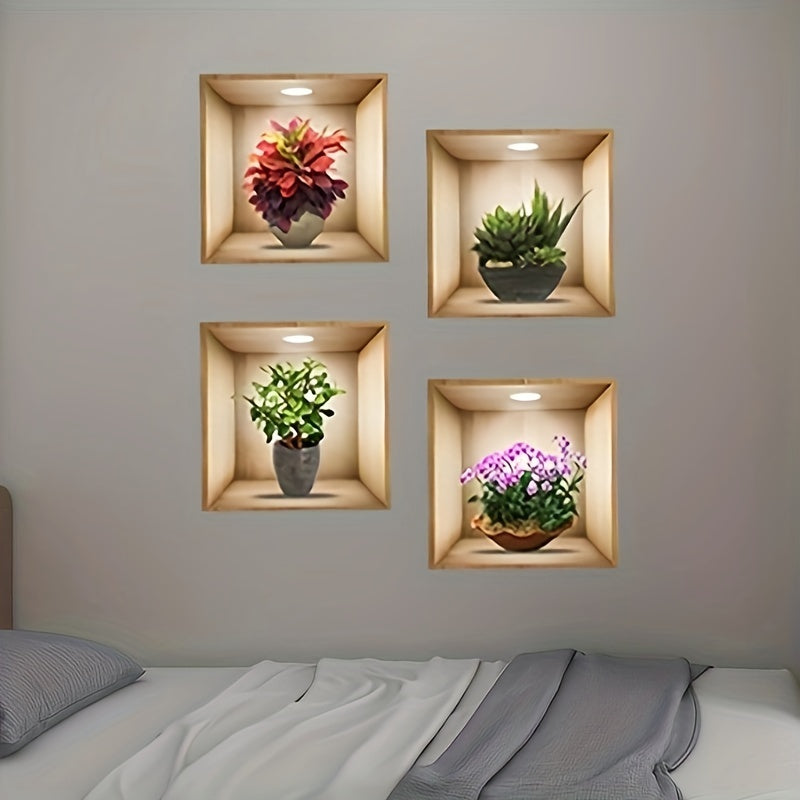 4 Green Plant 3D Wall Stickers for Home Decor, Self-Adhesive and Removable.