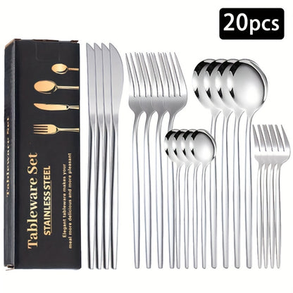 Set of 20/30 stainless steel Portuguese tableware including steak knife, fork, spoon, tea spoon, fruit fork, and dessert spoon. Dishwasher safe and mirror polished, suitable for home, restaurant, hotel, party, or wedding.