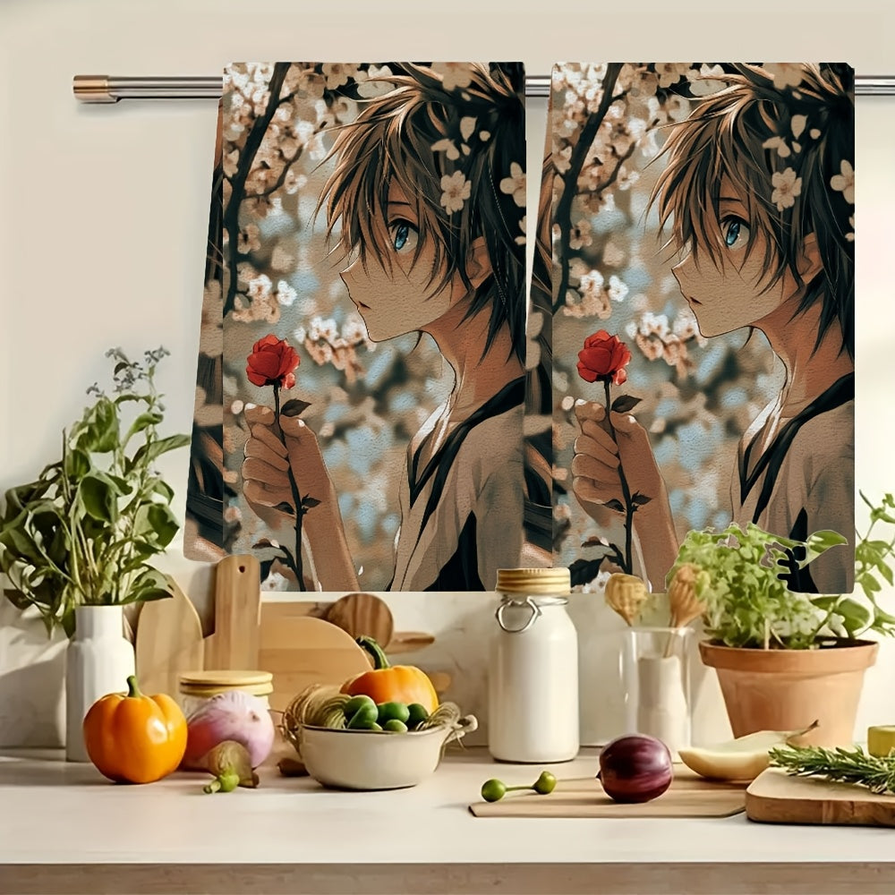 Two pieces of ultra soft kitchen towels featuring an anime boy with blue eyes leaning against a cherry blossom tree, holding a single red rose. These highly absorbent dish hand towels are perfect for holiday decor. Machine washable and measuring 16x24