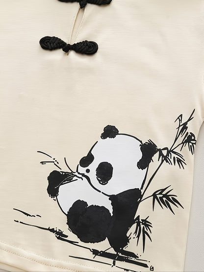 Cute panda cartoon summer outfit for kids - comfy short sleeve top and shorts set, made of breathable polyester blend, ideal for outdoor activities.