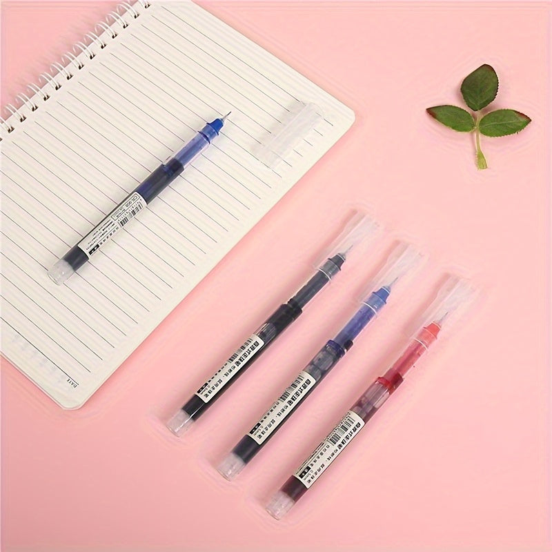 10 gel pens with blue quick-drying ink in liquid and gel formats. Suitable for school, office, and stationery stores. Made of plastic with snap cap closure, round body, and extra fine