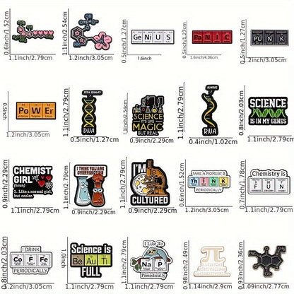 Set of 20 Chemistry Enamel Pins - Playful Science Lab Brooches Featuring Beakers, Gene Chains & Elements - Made of Zinc Alloy Metal, Ideal for Hats and Backpacks - Great Present for Science Lovers