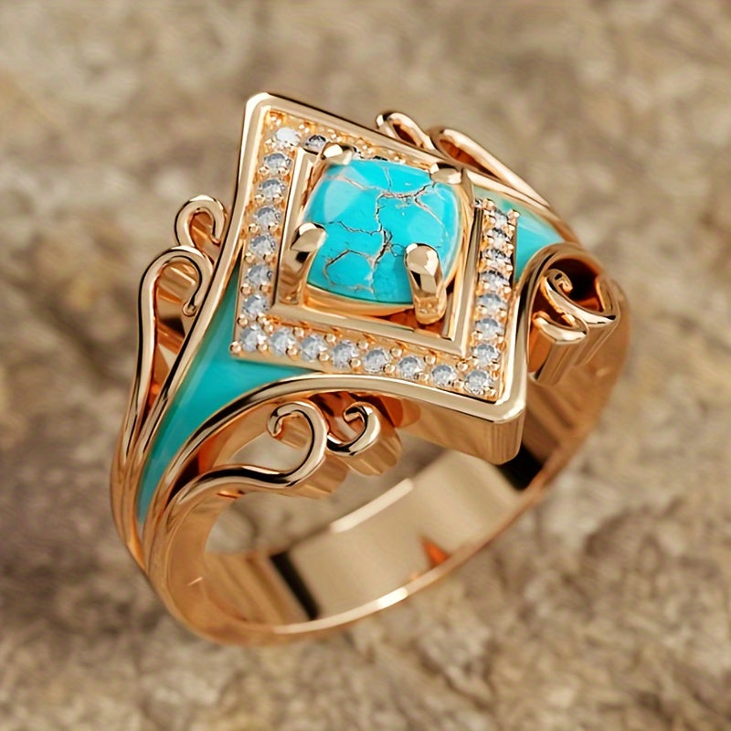 Vintage Jewelry for Women: Bohemian Glamour with Electroplated Rose Gold, Synthetic Turquoise, and Imitation Zirconia Ring Perfect for Engagement, Wedding, and Anniversary Celebrations