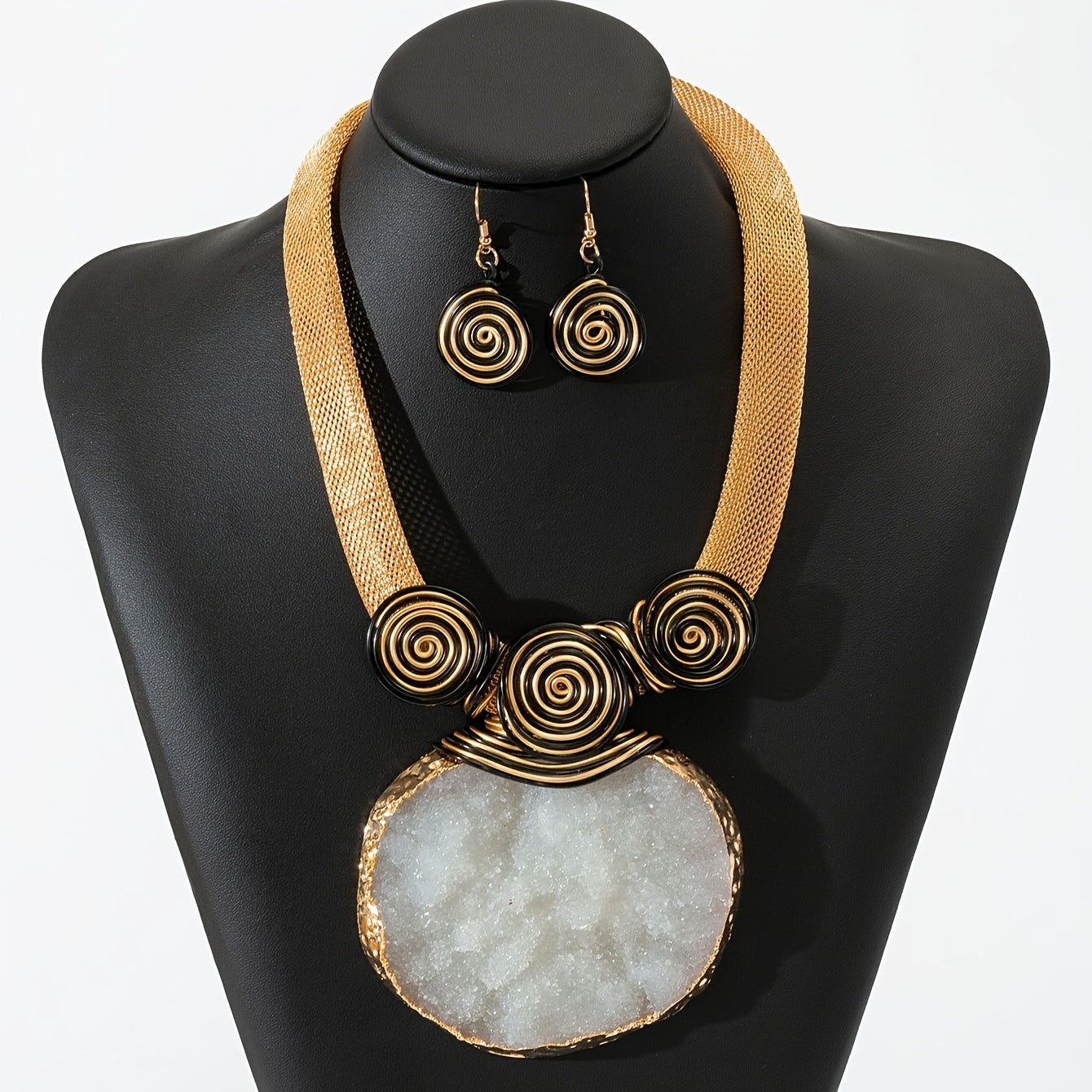 Artisanal Jewelry Set featuring Handmade Aluminum Alloy Wire-Wrapped Natural Stone Pendant Necklace and Earrings, Faux June Birthstone, Bold Design inspired by Arabian Fashion and Vacation Vibes, Perfect for Parties, Unique Autumn Jewelry with Special