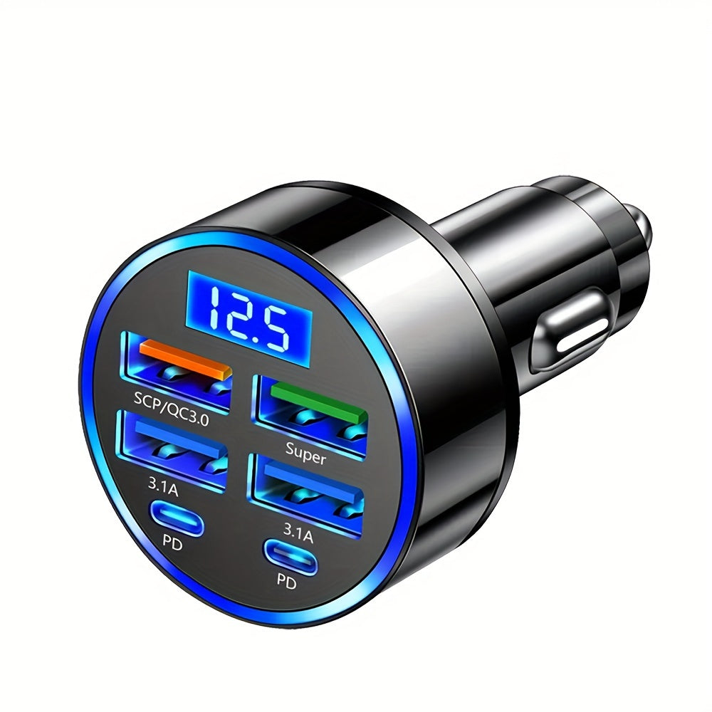 6-in-1 car charger with display, fast USB 3.0/3.1A charging, dual PD, universal compatibility for smartphones, tablets, and more.