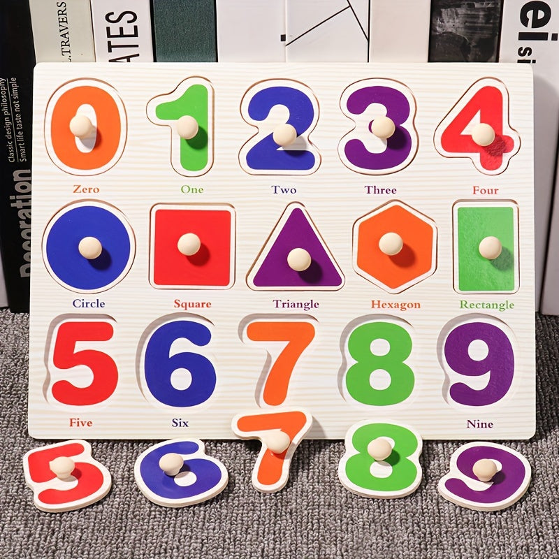 Wooden intelligence puzzle board toy that features three-dimensional puzzles to help recognize vegetables, numbers, letters, transportation vehicles, and ocean animals.