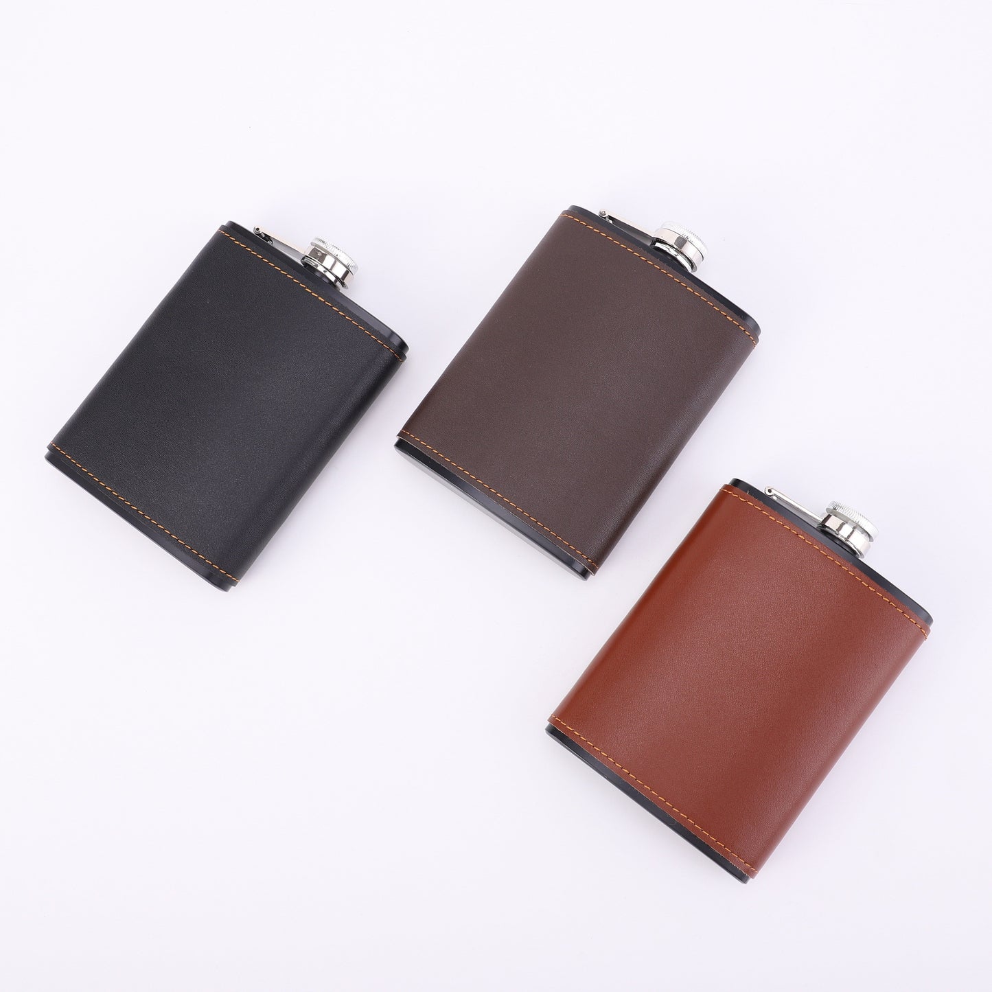 The most popular option is the 1-piece 8-ounce stainless steel hip flask with a faux leather case. Available in sleek black or brown with a polished finish, this flask is portable and perfect for outdoor camping and travel. It's ideal for storing liquor