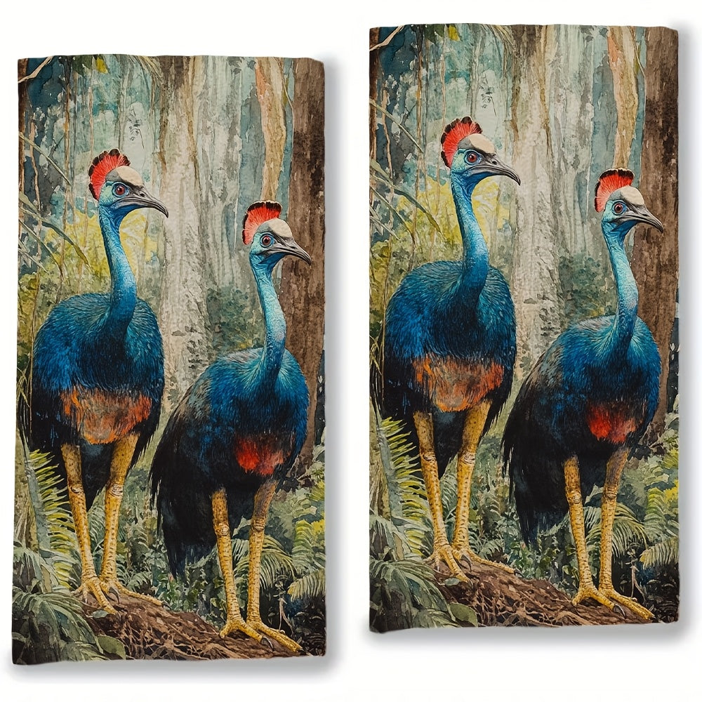 Set of two ultra-soft kitchen towels featuring a vibrant cassowary forest scene. These highly absorbent and machine washable dish hand towels measure 40.64x60.96 cm, making them ideal for holiday decor and everyday use in the kitchen.