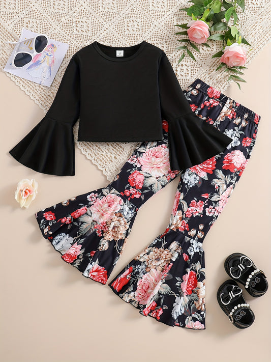 Two-piece set for girls with black bell-sleeve top and bell-bottom pants, ideal for outdoor casual events and school parties in all seasons.