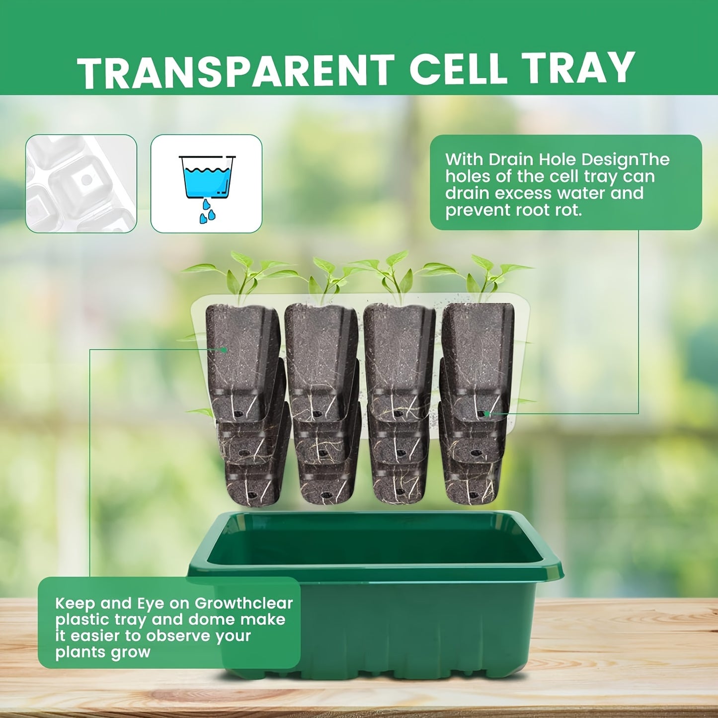 Seed starter trays with grow lights are available in packs of 1, 2, 4, or 5 and include humidity domes and bases for indoor greenhouse seed growth, with each tray containing 12 cells.