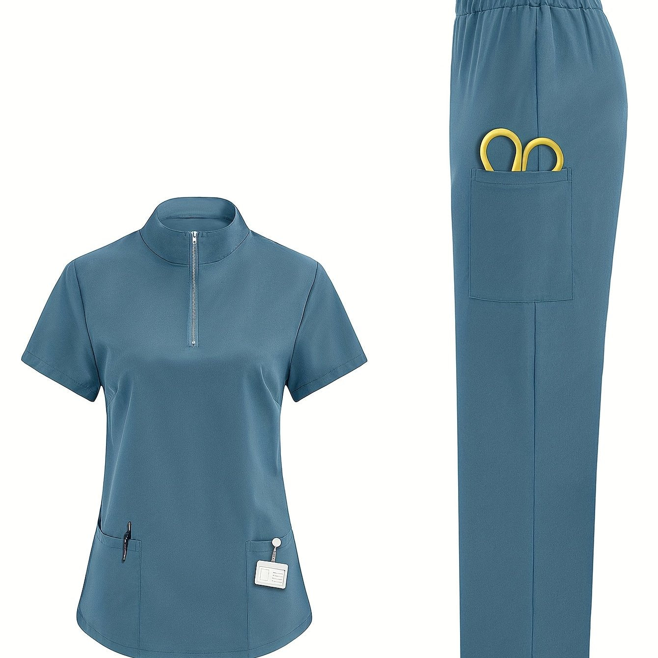 Women's breathable healthcare uniform with solid color polyester scrubs for medical professionals, featuring high neck, pockets, and suitable for all seasons.