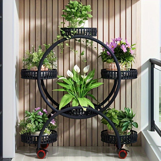 European-style metal hanging plant stand with wheels, multi-level mobile planter rack, circular design for indoors and outdoors.