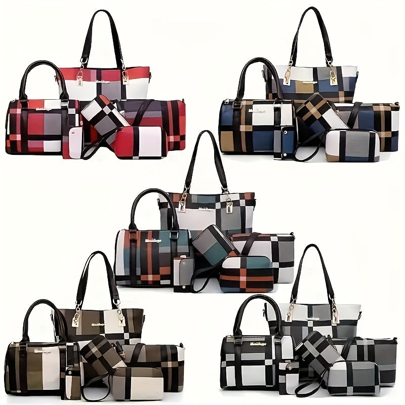 6-piece set of checkered pattern shoulder bags including a handbag, crossbody bag, clutch bag, long wallet, and short wallet.