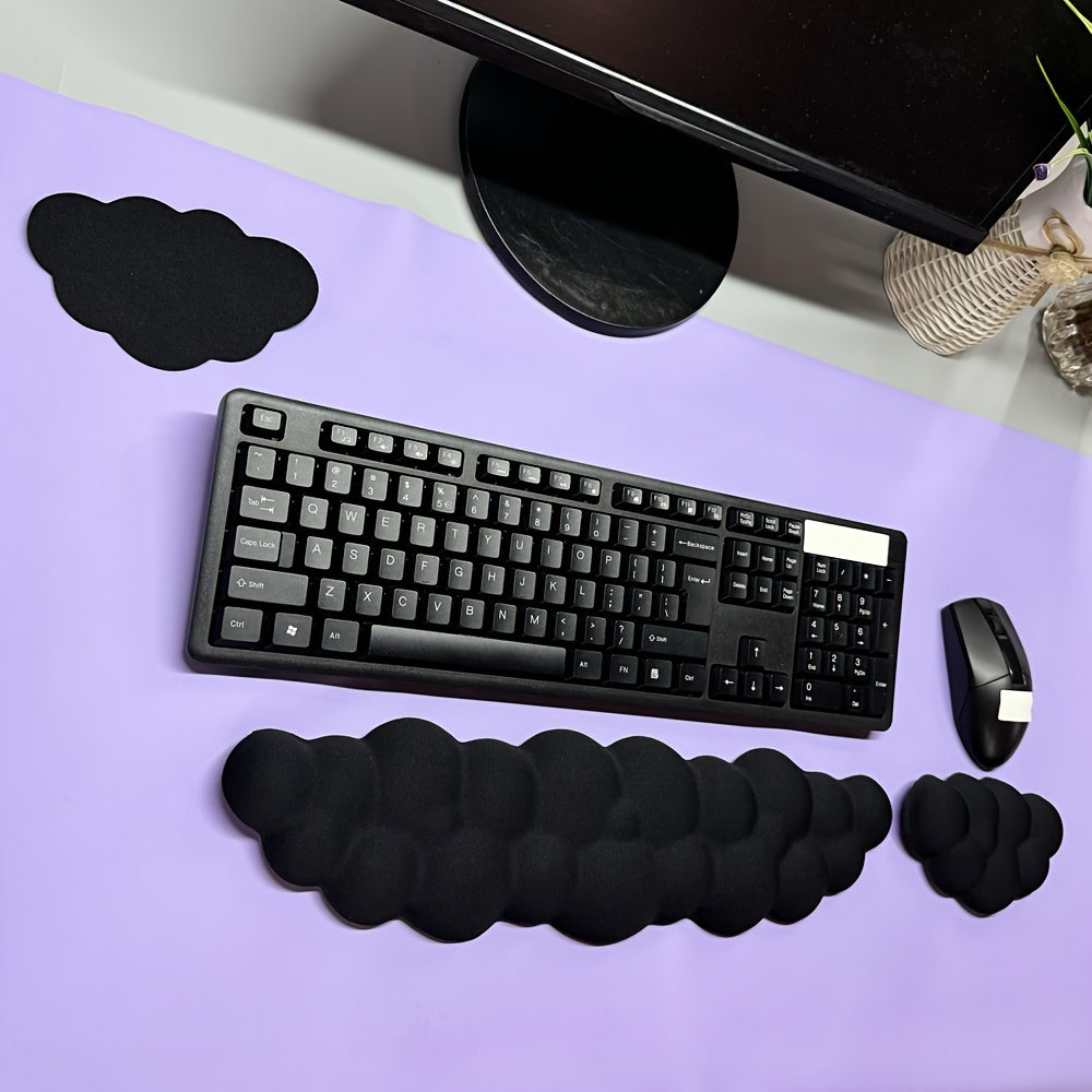 Ergonomic memory foam wrist rest pads for keyboard and mouse in a 3-pack set, suitable for gaming, office, and home use. Provides comfortable wrist support for typing and mouse use in black