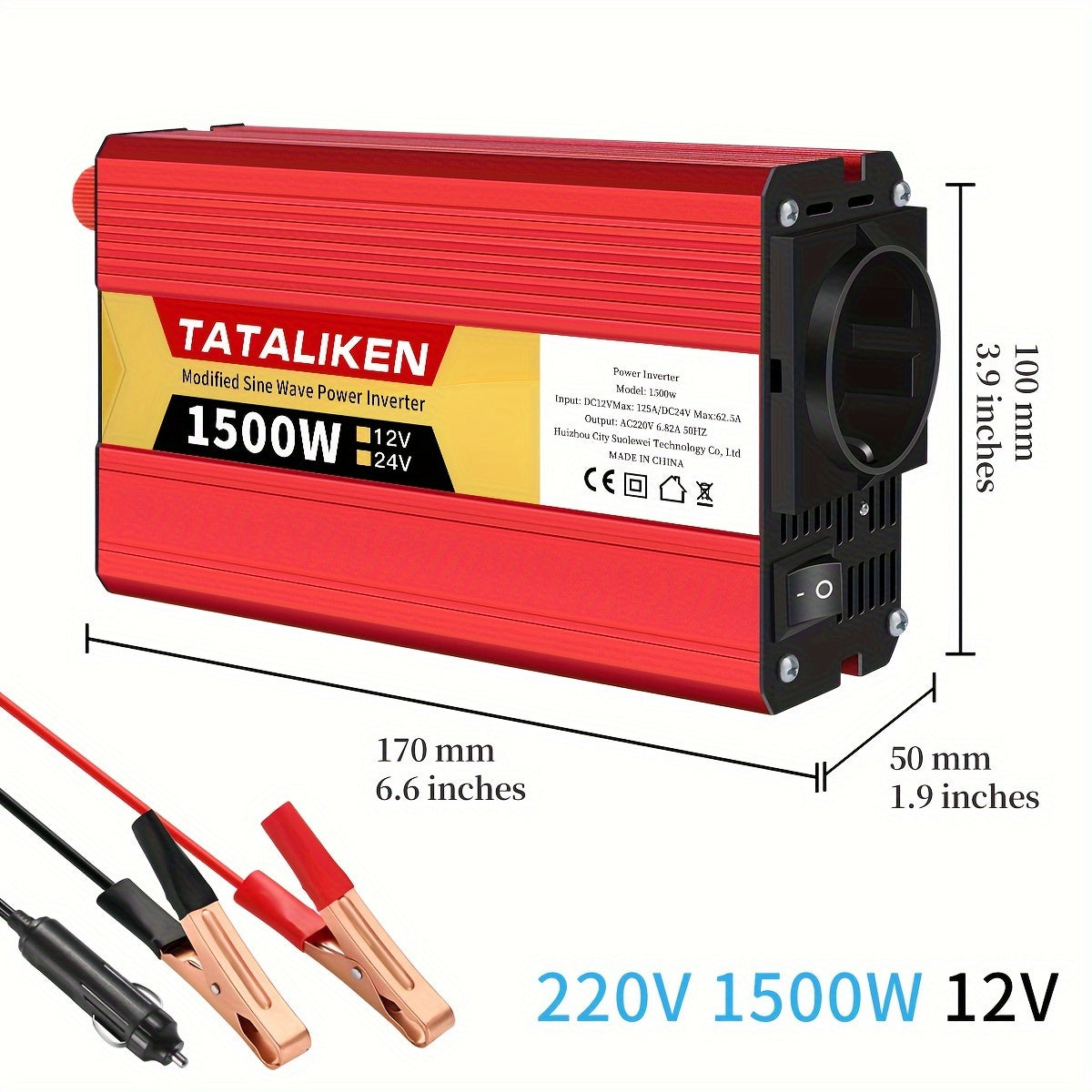 2500W-600W car power inverter with multi-function charger plug, converting DC 12V to AC 220V. Includes USB charger for RV, travel, and Euro regulation sockets. No battery required.