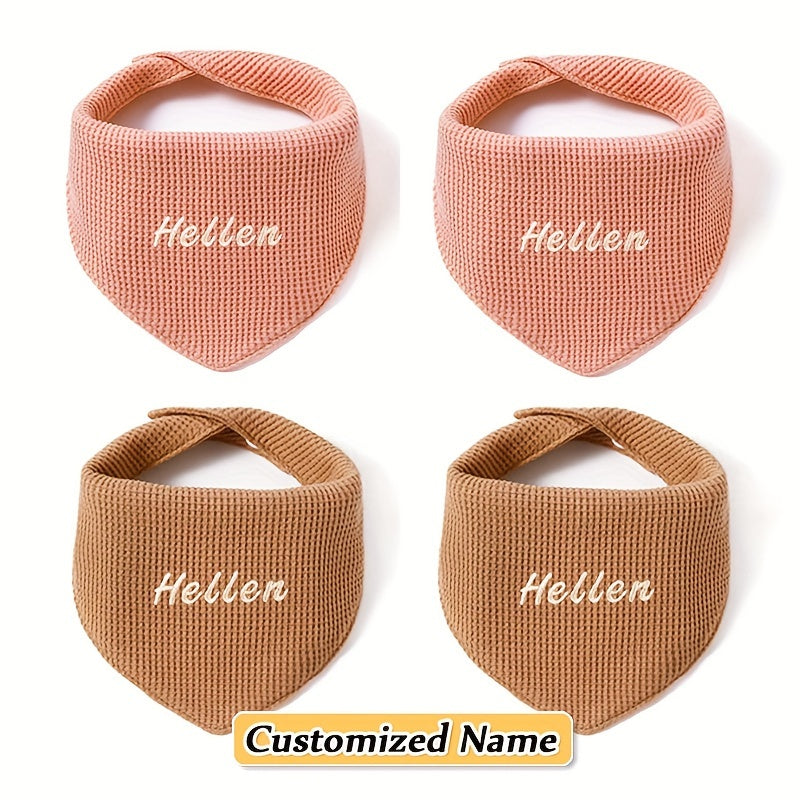 Set of 4 children's saliva towels including a triangle towel and an adjustable buckle solid color mouthguard. Made of soft and breathable material with strong water absorption, these natural material towels also come with an exclusive personalized