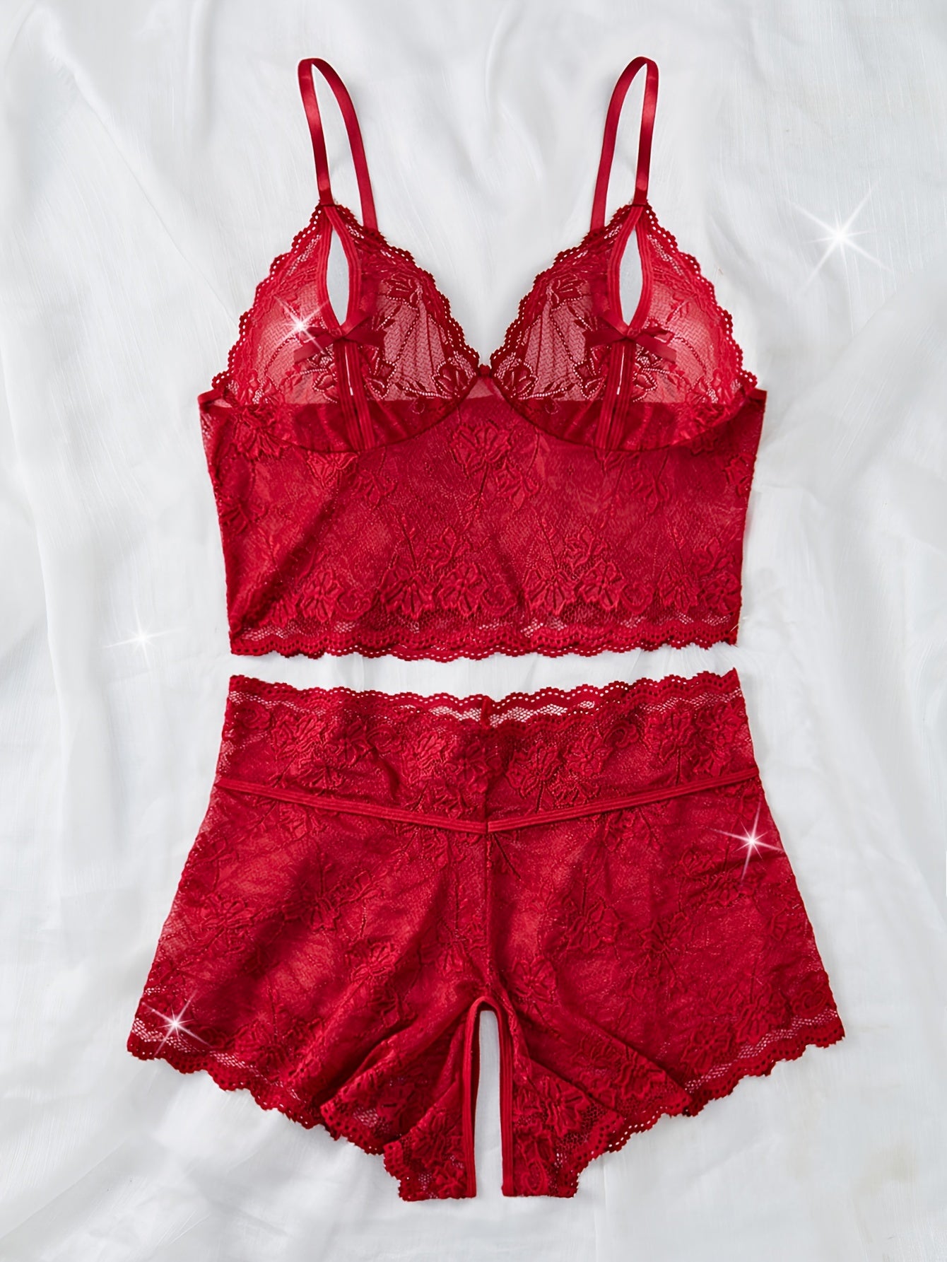 Sexy lingerie set with large size, flower lace, fan-shaped embellishment, bow front, and split bra and panty.