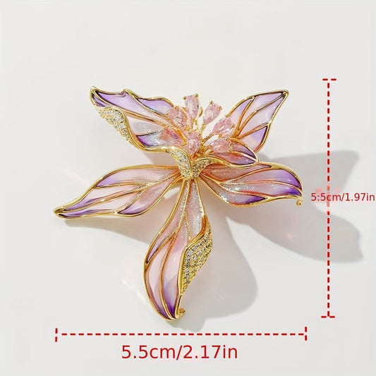 Vintage-inspired alloy flower pin with elegance enamel orchid and sparkling zirconia, perfect for suits and dresses.