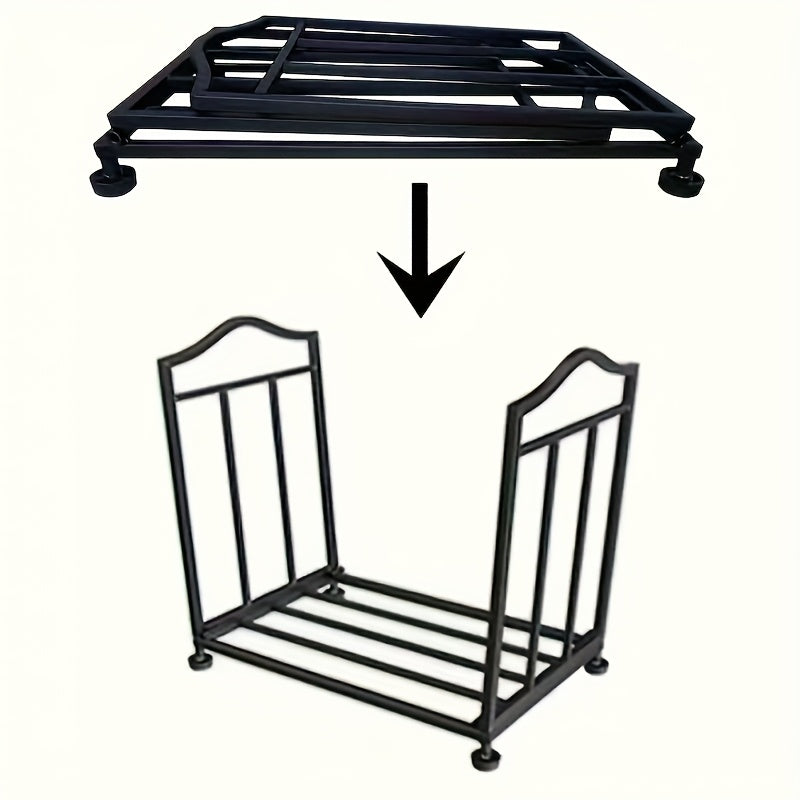 Metal firewood rack stand with adjustable height, designed for indoor and outdoor use. Ideal for organizing wood piles for fireplaces and log storage. Built to withstand heavy-duty use.