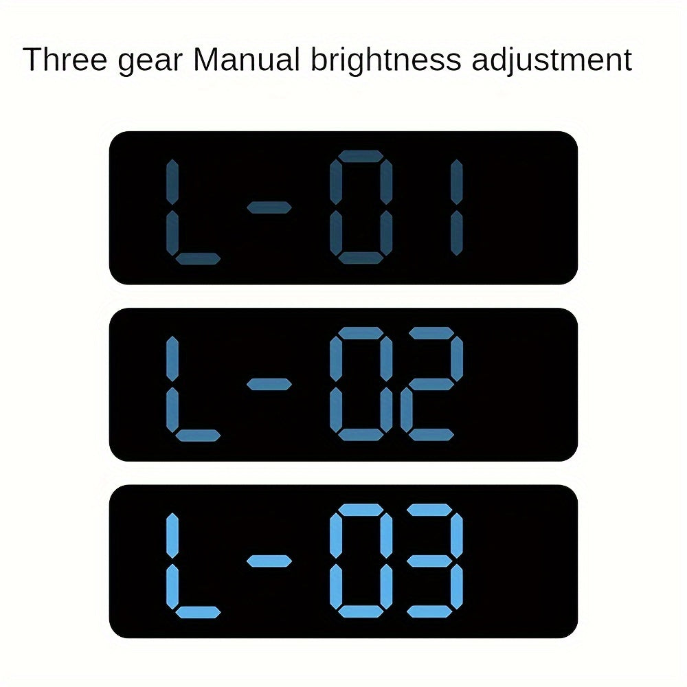 Digital wall clock with temperature and humidity display, week display, adjustable brightness, table alarm clock, and 12/24 hour format.