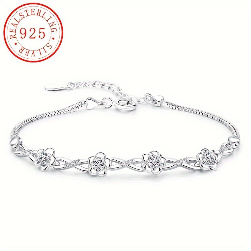 This bracelet is made of high-quality S925 silver, featuring a beautiful peach blossom design with plum blossom decoration and purple zirconia. It is perfect for everyday wear or as a thoughtful gift, weighing 5.2g/0.18oz.