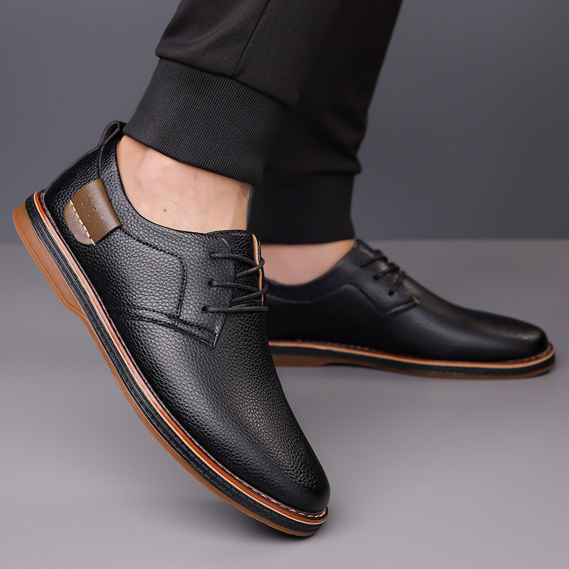 One pair of men's business casual shoes with hand stitched low top lace-up design, flat rubber sole, faux leather upper, inner lining and insole.