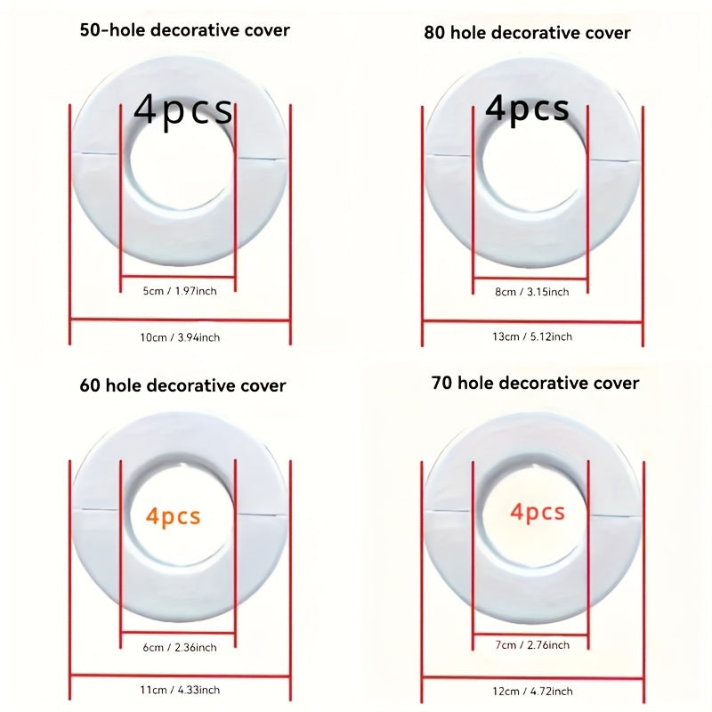 Set of four white plastic covers for air conditioner holes, made of PP material. These decorative caps are designed to protect wall-mounted pipes with hole sizes of 5.0cm, 5.99cm, 7.01cm, and 8.0cm.